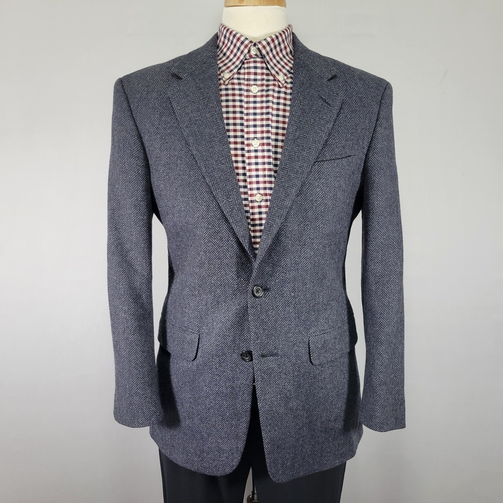 John Alexander Men's Tweed Sport Coat Blazer Navy Herringbone Lambs Wool 38R